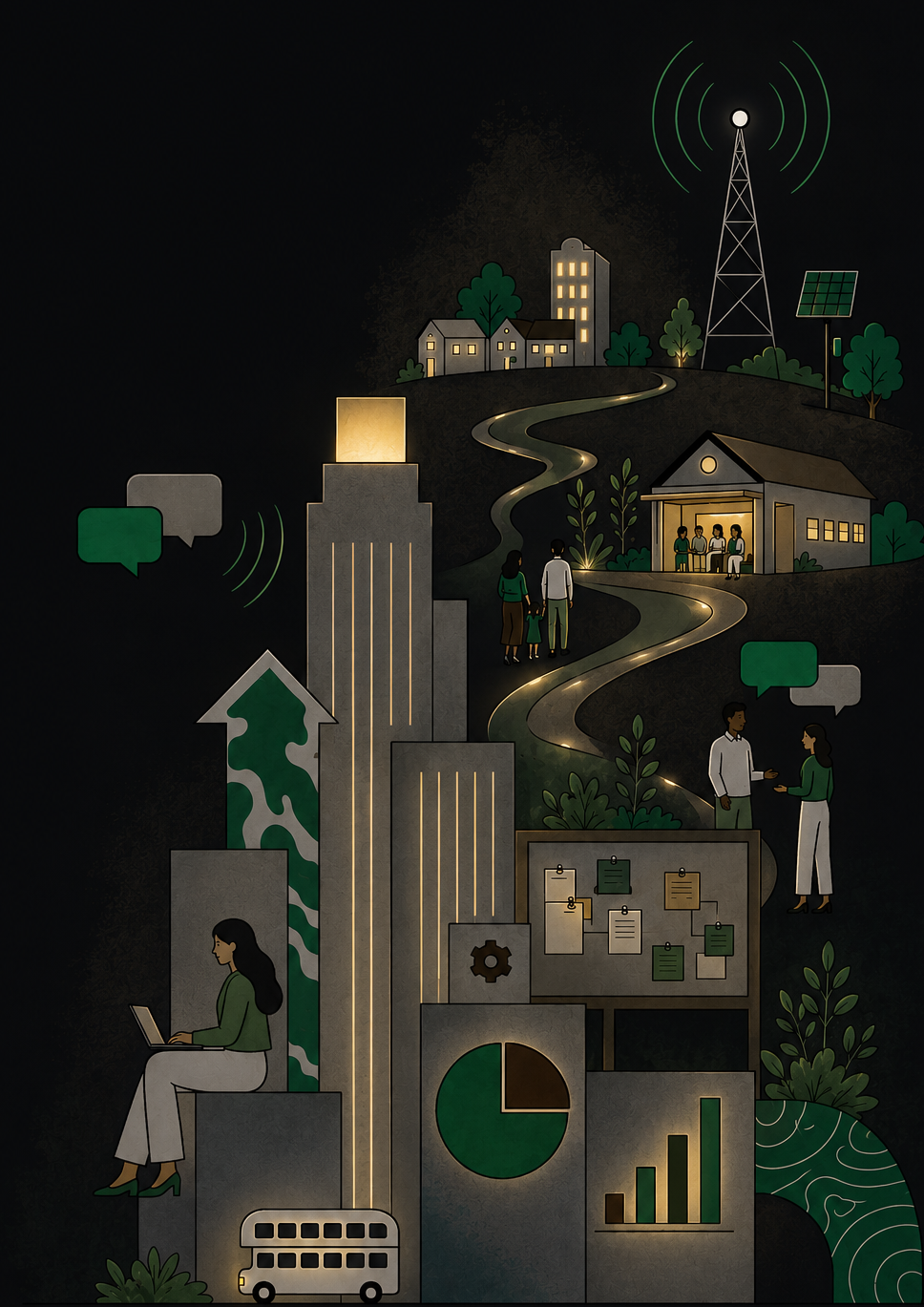 Researchers and innovators listening to communities at night, buildings, pathways and impact evidence illuminated against a dark background.
